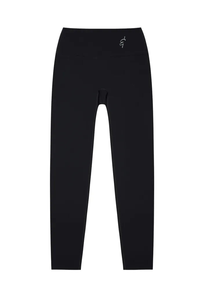 Seamless high-waisted black leggings with a subtle white logo on the waistband for activewear use