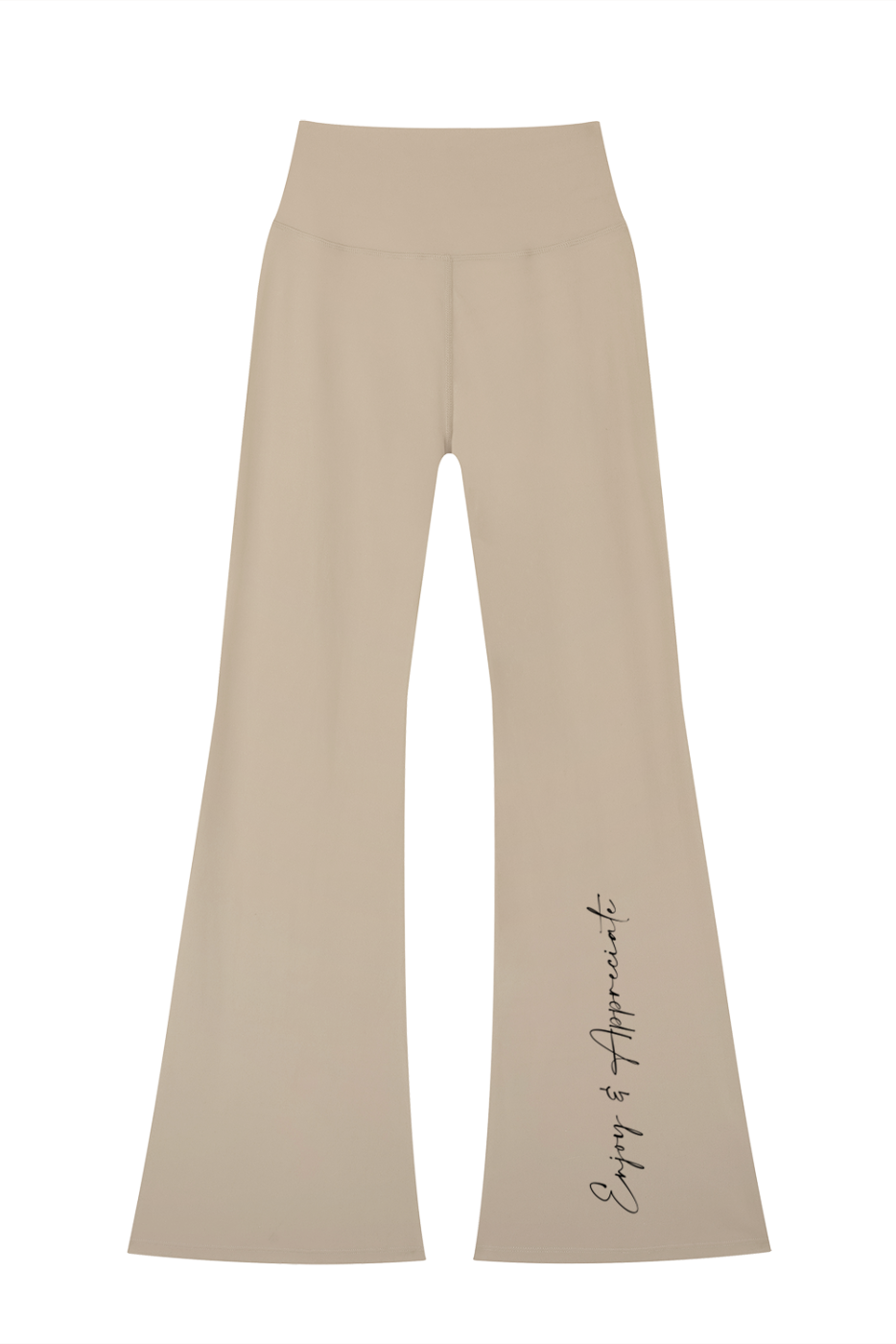 Beige high-waisted seamless flared leggings with a subtle enjoy and appreciate script detail on the left leg