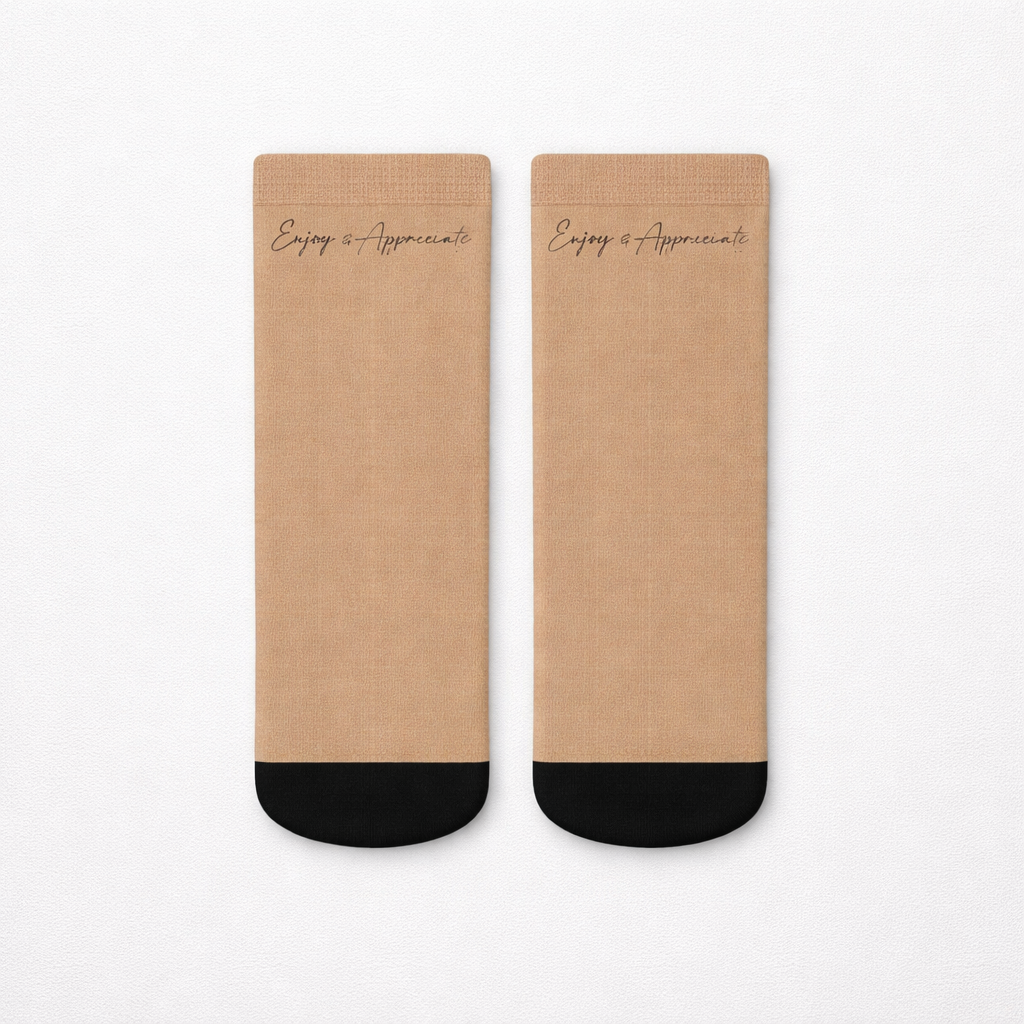 Camel ankle socks with black toe caps and enjoy and appreciate embroidered in delicate script across the top