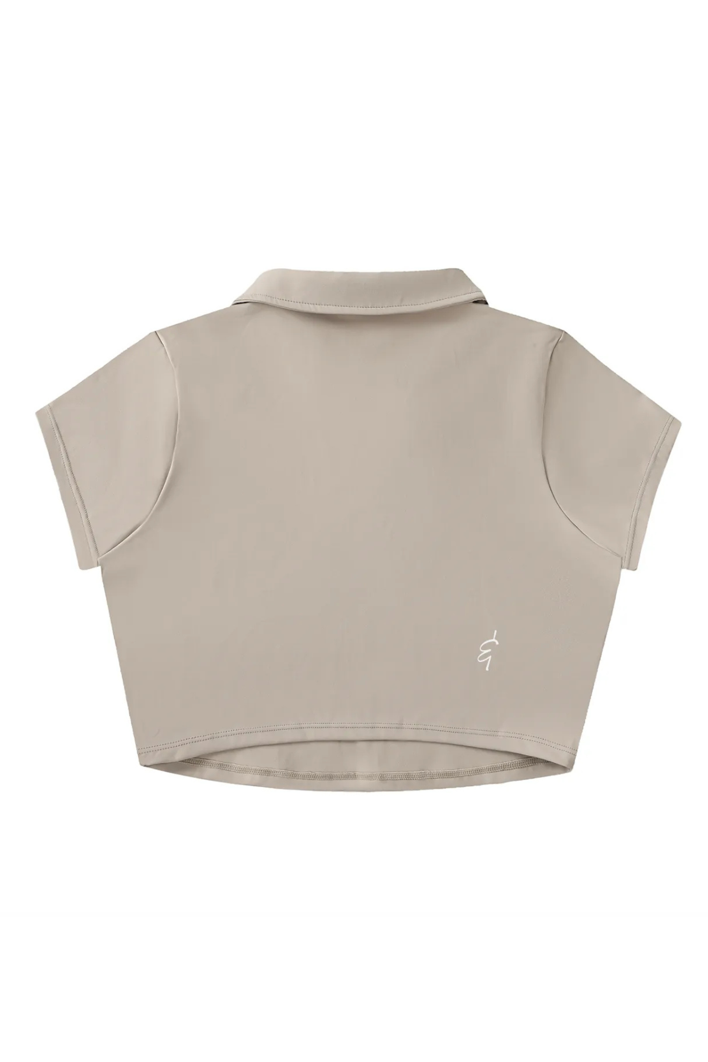 Beige sleeveless crop top with collar on a white background