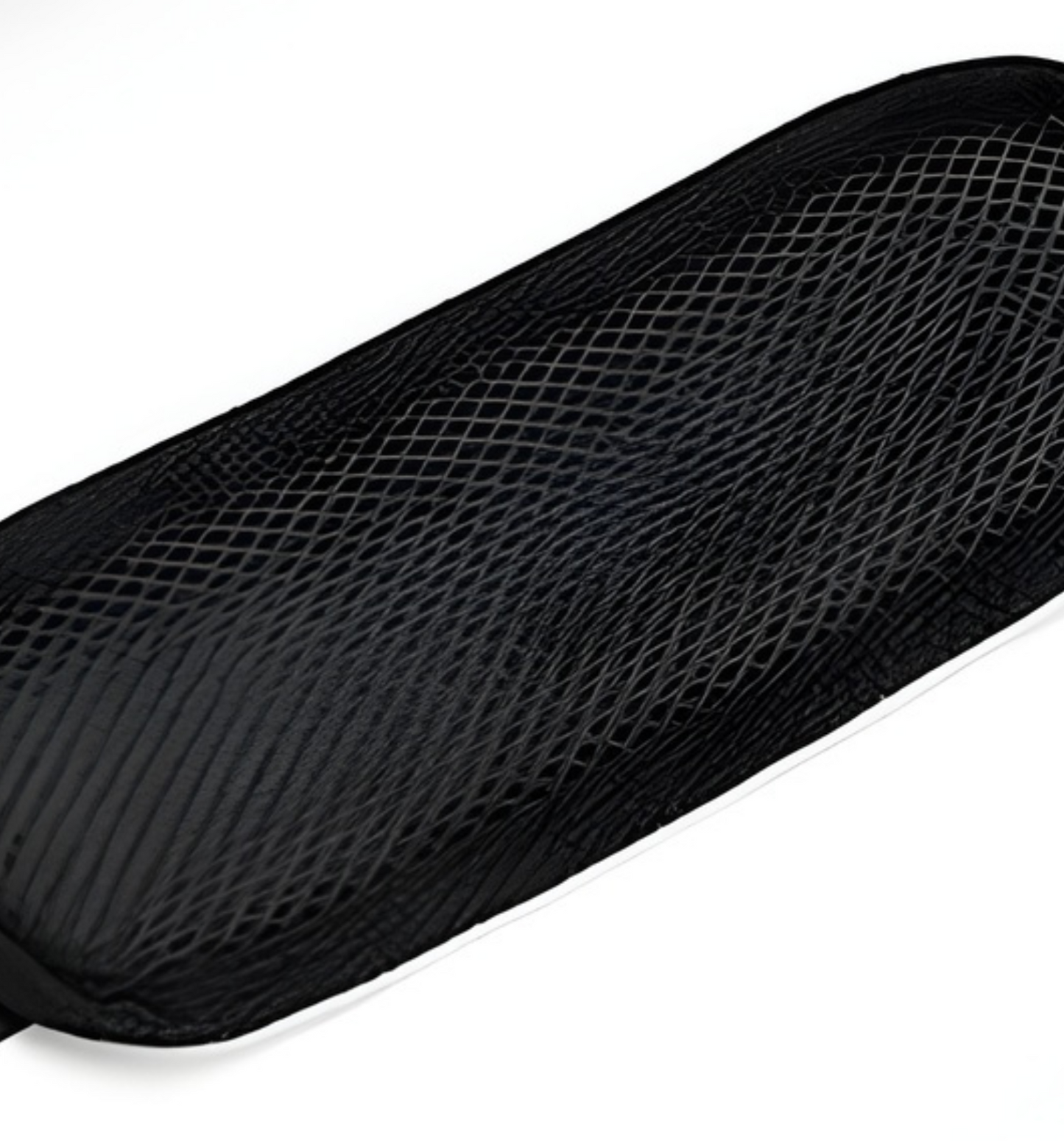 Black mesh shoe insole with textured grid pattern and reinforced edges for gym duffel bag use
