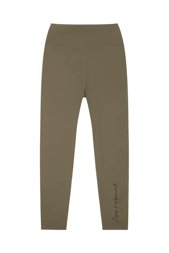 Olive green high-waisted seamless activewear leggings with subtle cursive brand logo on the lower leg