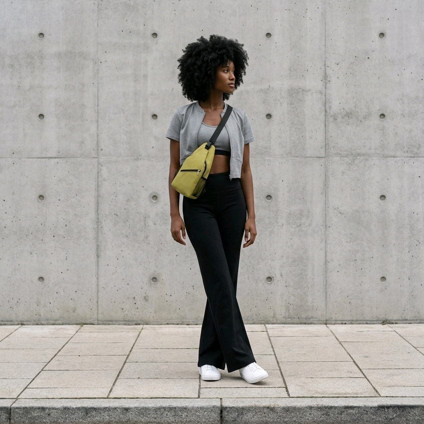A woman with an afro stands on a sidewalk in front of a concrete wall, wearing a gray cropped shirt, black pants, white shoes, and carrying a bright yellow crossbody bag.
