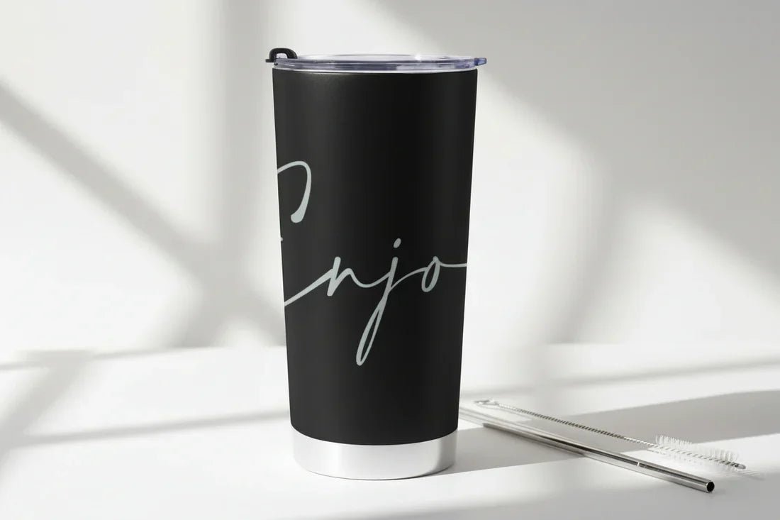 Black matte finish insulated wine tumbler with clear lid and elegant white cursive enjoy script from must-have accessories