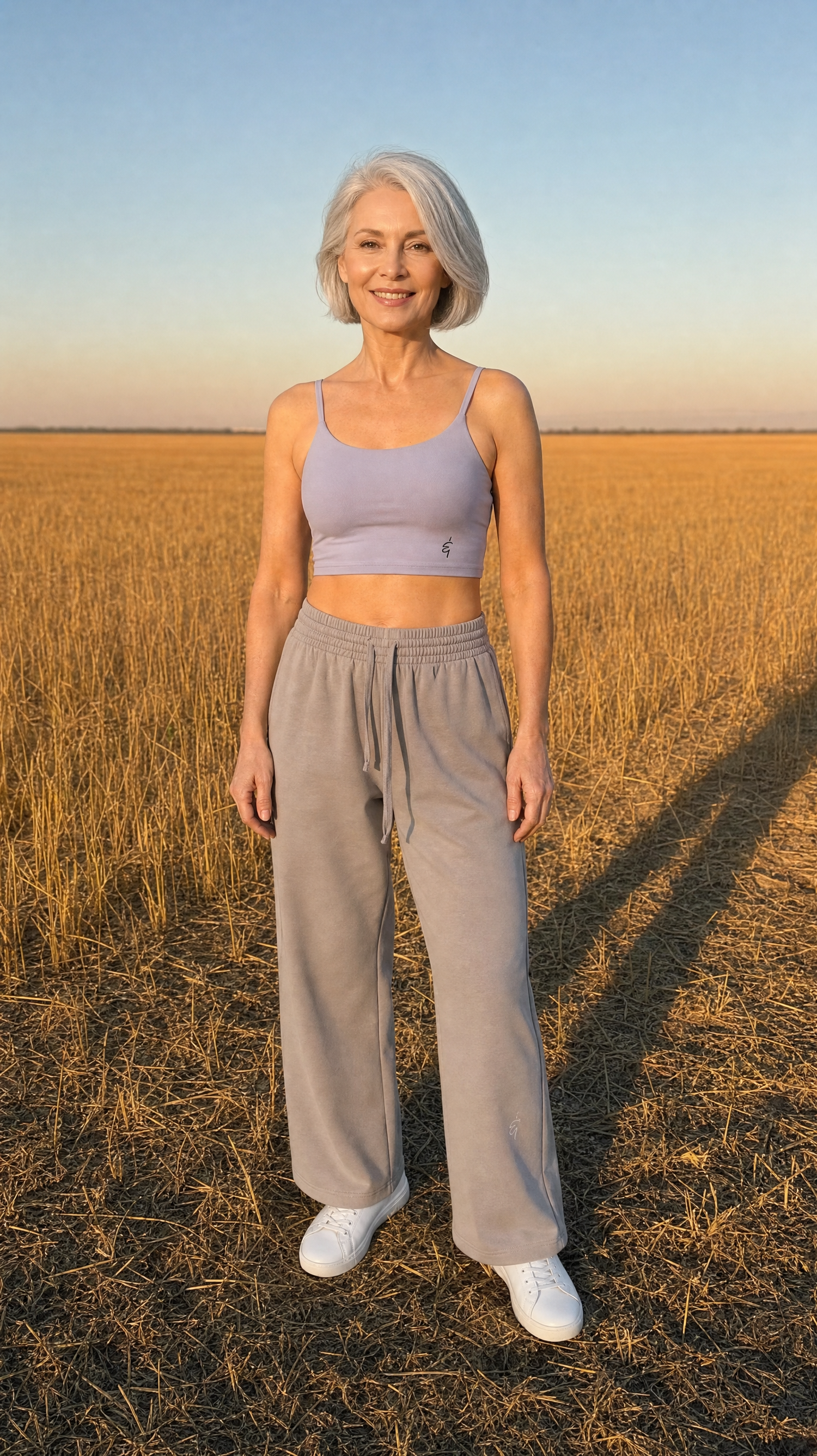 A woman with short gray hair stands in a dry grass field at sunset wearing a light lavender sports bra and matching gray sweatpants with white sneakers.