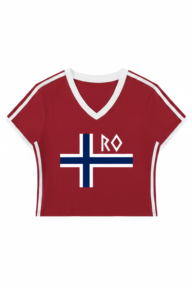 A short-sleeve cropped V-neck jersey in maroon red with white trim, featuring a blue and white Norwegian flag graphic and the letters 'RO' on the front, displayed on a solid white background.