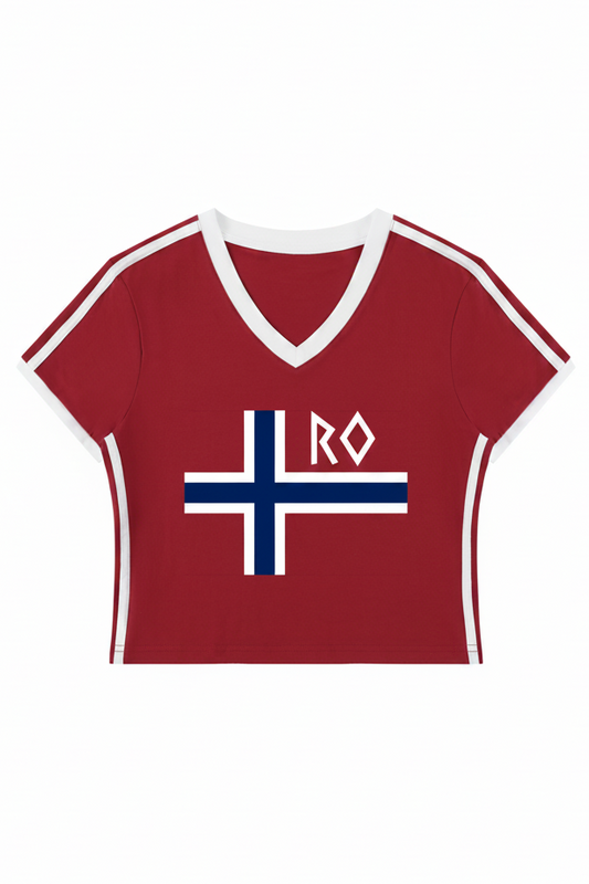 A short-sleeve cropped V-neck jersey in maroon red with white trim, featuring a blue and white Norwegian flag graphic and the letters 'RO' on the front, displayed on a solid white background.