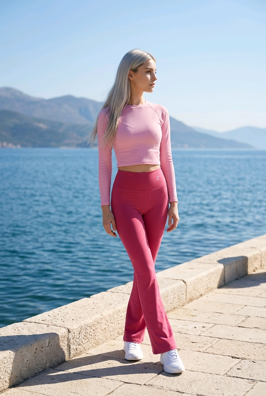 A woman stands on a stone walkway by the sea wearing a matching two-piece activewear set consisting of a light pink long-sleeve crop top and dark pink high-waisted flared leggings, with white sneakers. Mountains and blue water are visible in the background.