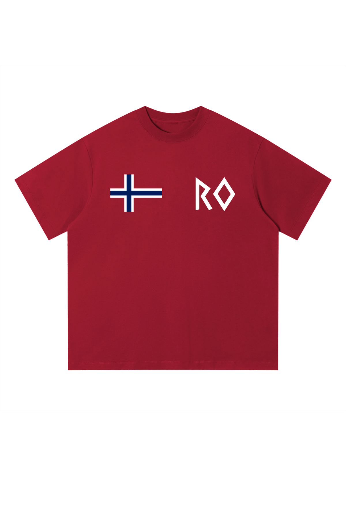 A red short-sleeve crewneck t-shirt featuring a white and blue Norwegian flag graphic on the left chest and the white stylized letters 'RO' on the right chest, displayed against a solid white background.