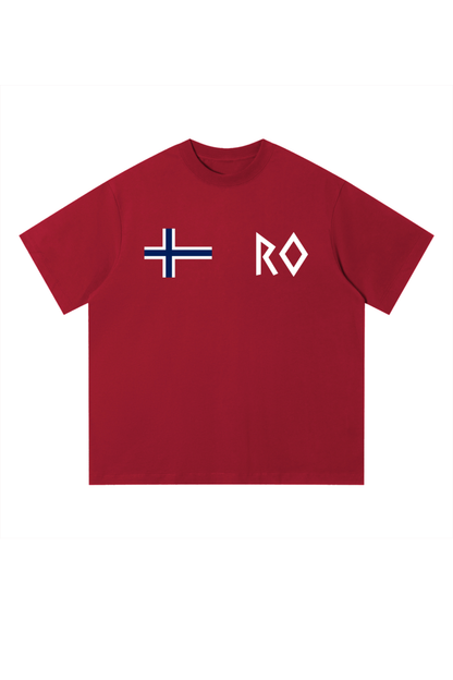 A red short-sleeve crewneck t-shirt featuring a white and blue Norwegian flag graphic on the left chest and the white stylized letters 'RO' on the right chest, displayed against a solid white background.