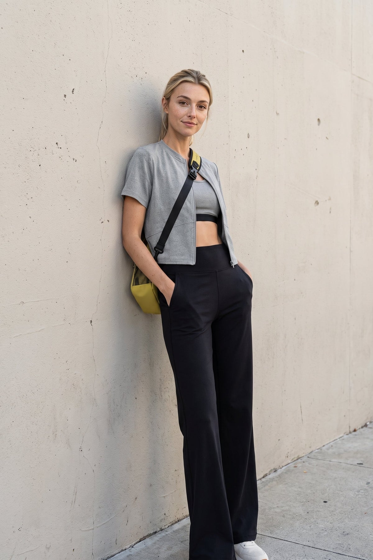 A woman stands against a concrete wall wearing a gray cropped t-shirt, a black sports bra, black wide-leg trousers, and white sneakers, with a small yellow crossbody bag.