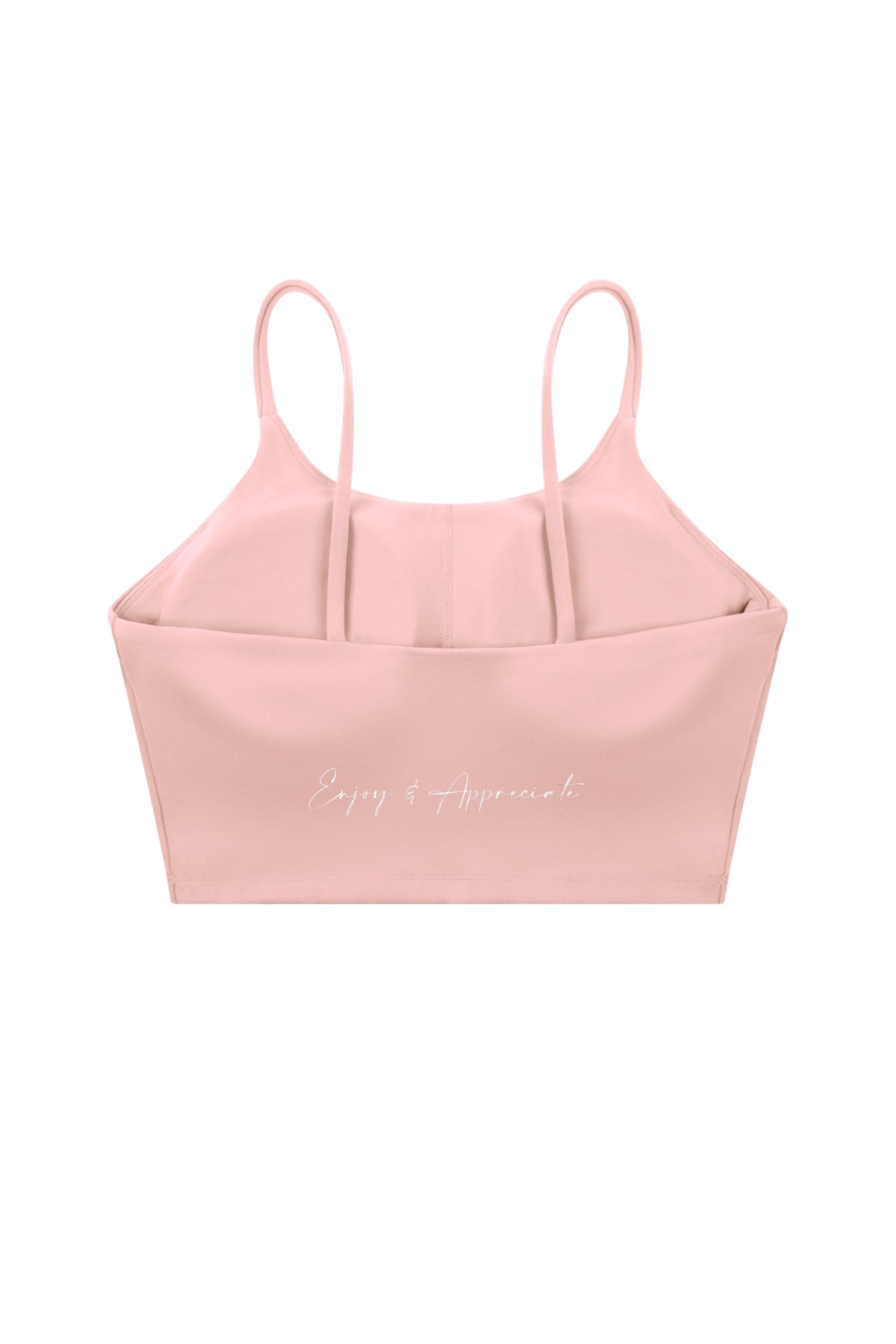 A pink structured camisole top with thin shoulder straps and a white cursive script reading 'Enjoy & Appreciate' on the front, shown against a plain white background.
