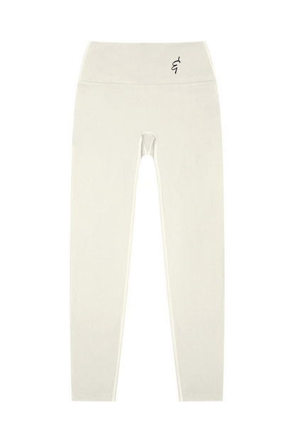 White leggings with a brand logo on a white background