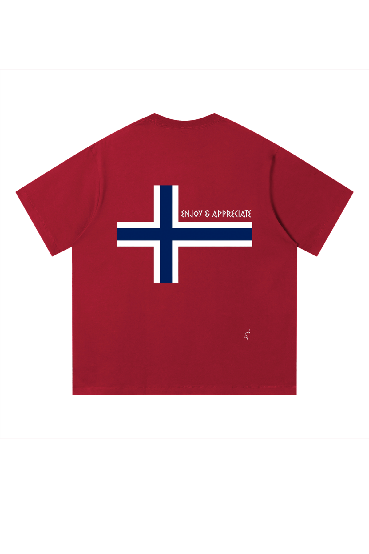 A red short-sleeve t-shirt with a graphic of the Norwegian flag on the chest, featuring the text 'ENJOY & APPRECIATE' written across the blue cross. The shirt is displayed flat against a plain white background.