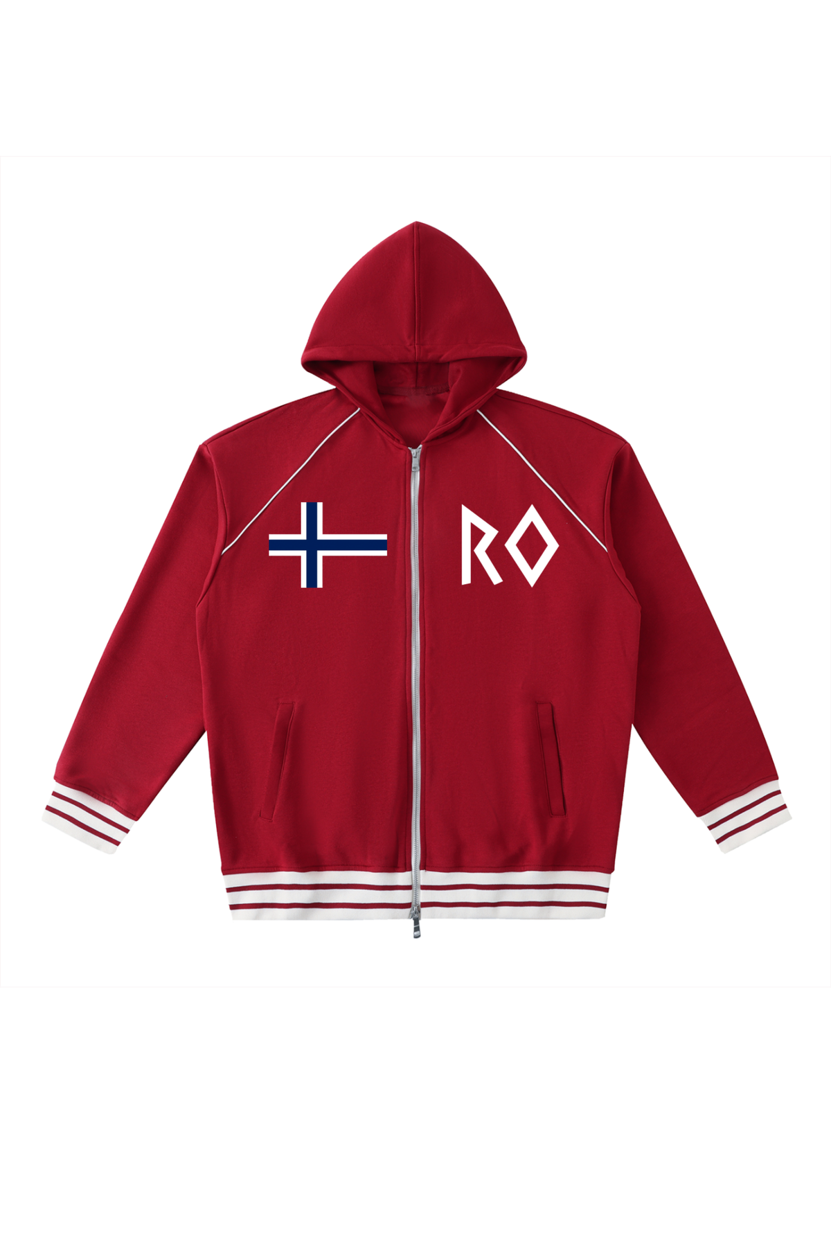 Norwegian Striped Trim Zip-Up Hoodie in red by Lilliroa, image 1