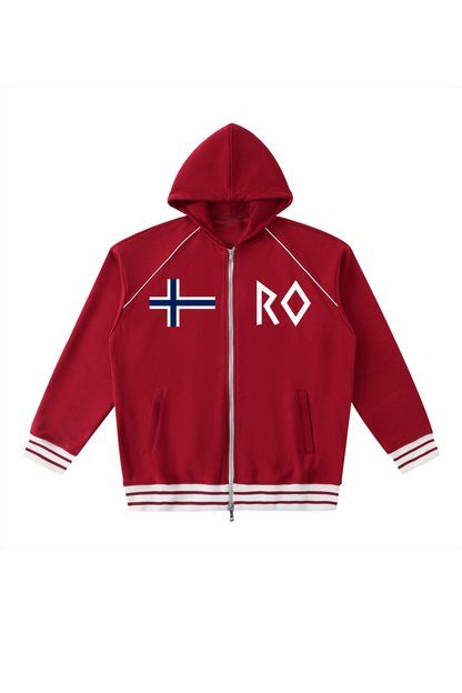 Norwegian Striped Trim Zip-Up Hoodie in red by Lilliroa, image 1