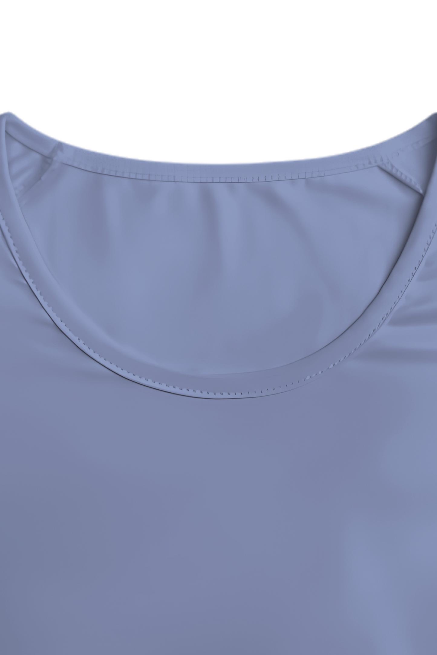 Close-up of a light blue garment with a round neckline on a white background