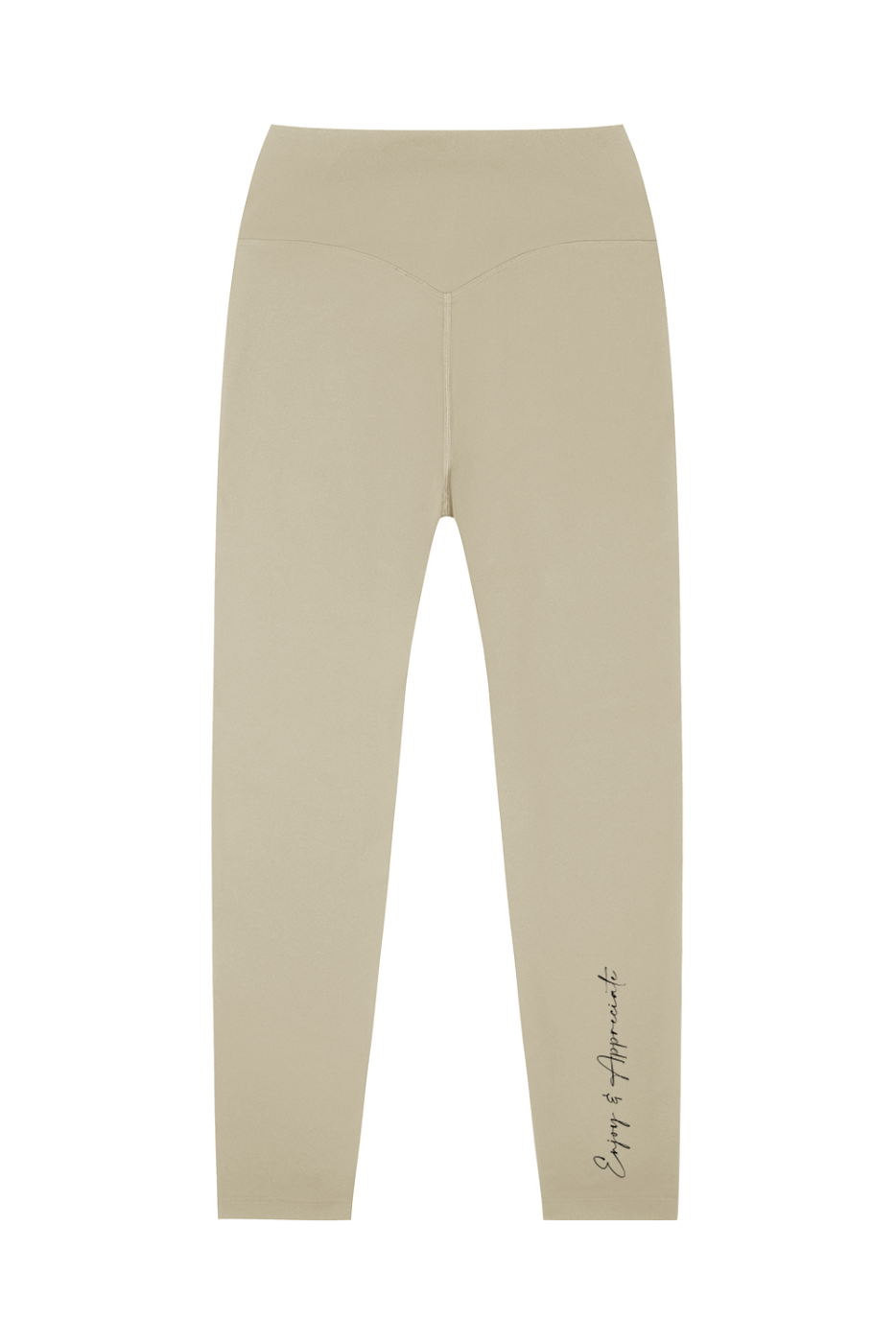 Beige leggings with text on a white background