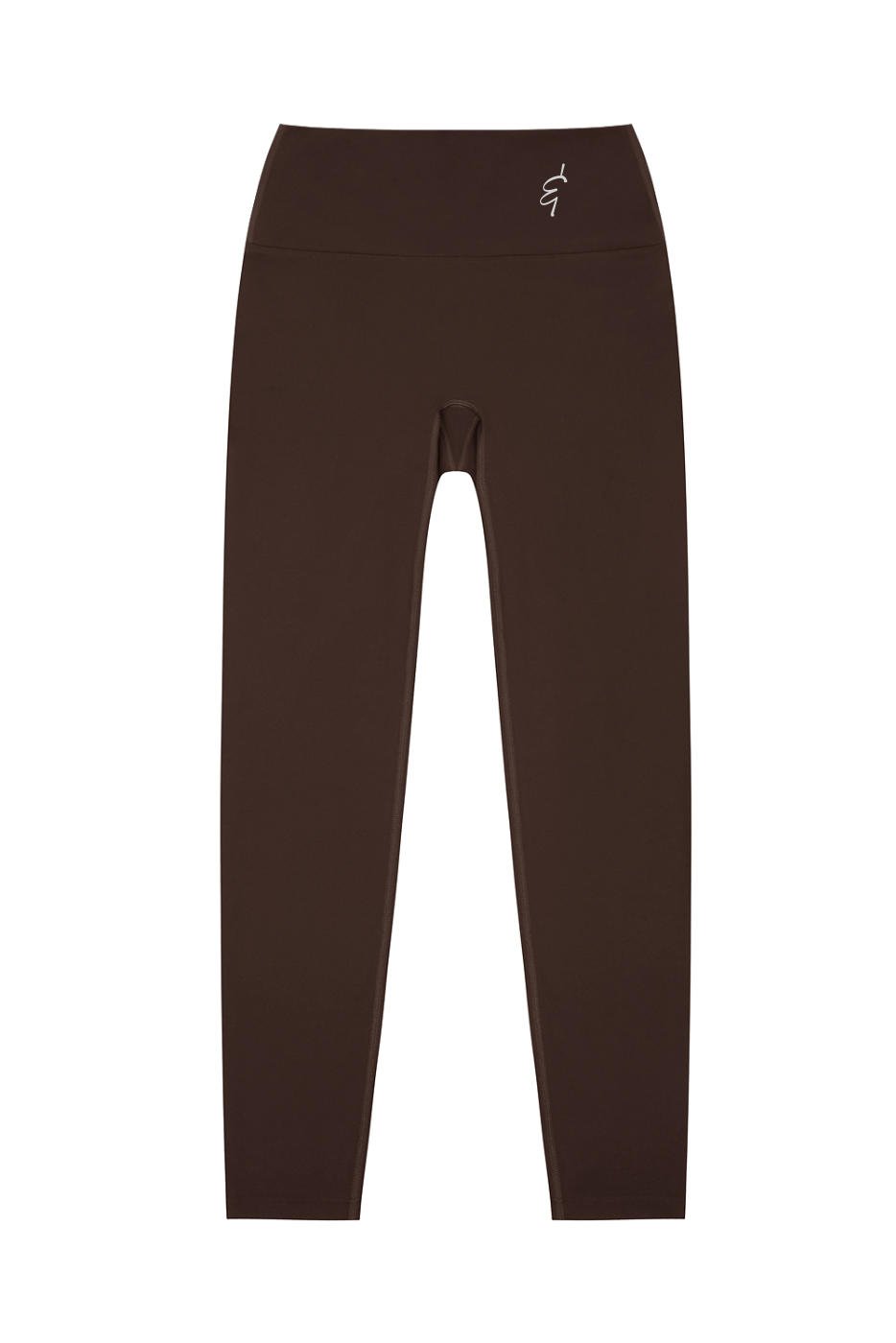 Seamless high-waisted brown activewear leggings with a subtle white logo on the waistband for workout comfort