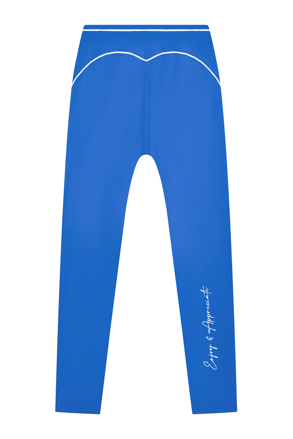 Blue leggings with white contrast stitching along the waistband and a white script logo on the lower left leg, shown flat against a white background.