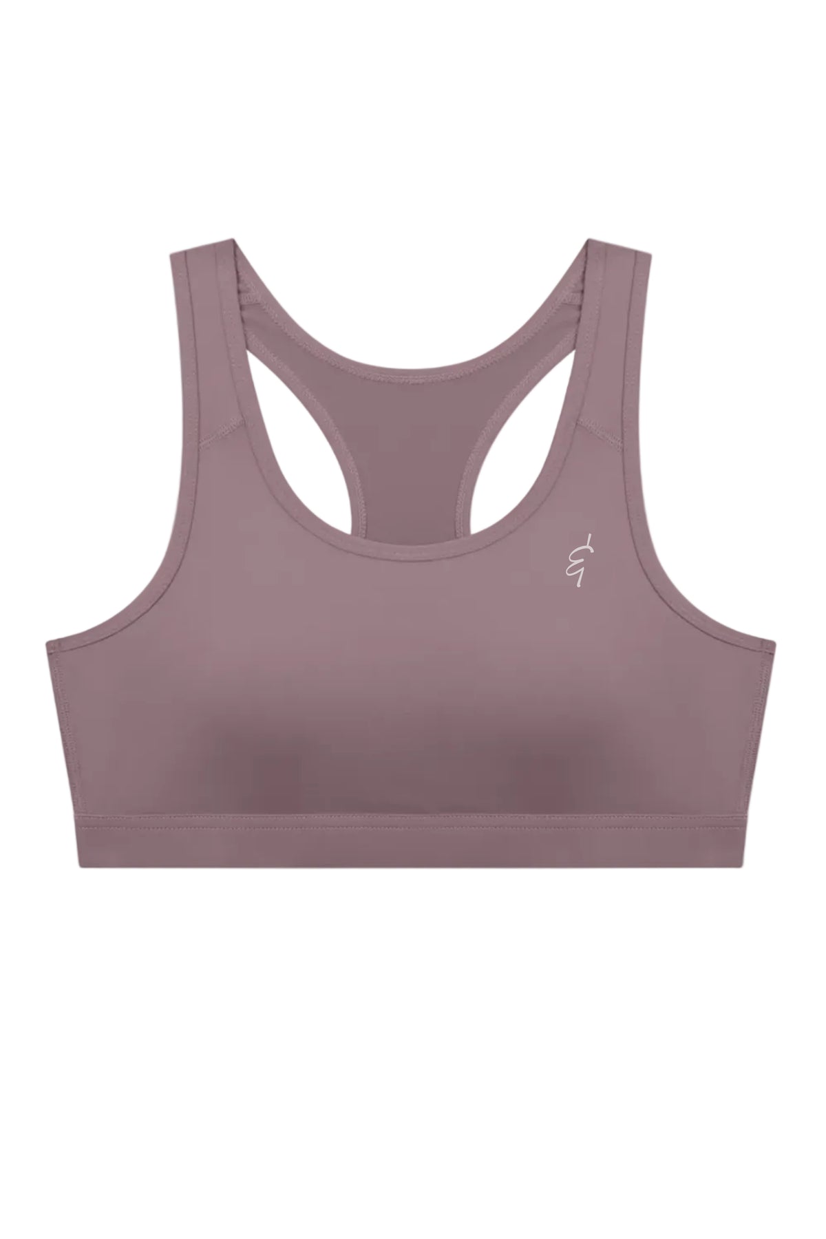A dusty mauve athletic sports bra with a racerback design and a small white embroidered logo on the left chest, shown against a plain white background.