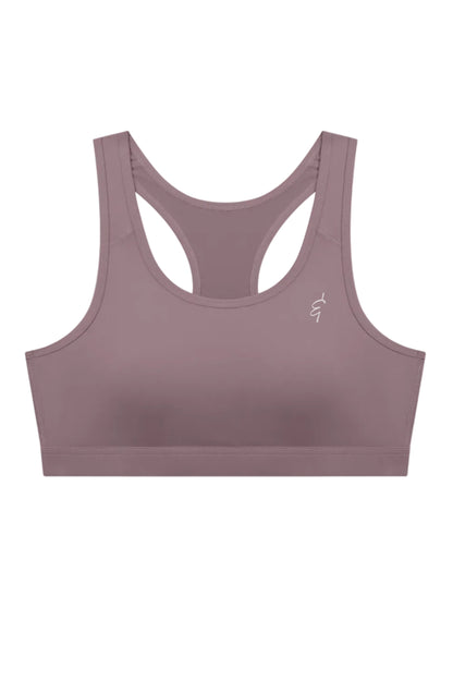 A dusty mauve athletic sports bra with a racerback design and a small white embroidered logo on the left chest, shown against a plain white background.