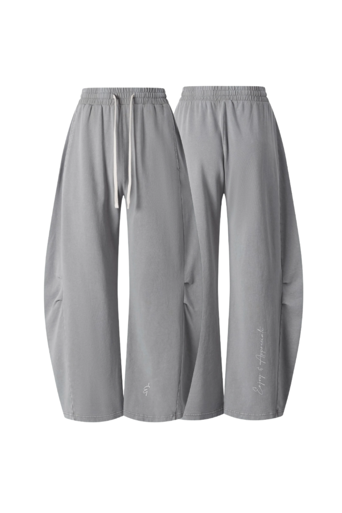 A pair of light gray wide-leg scrub pants shown from both the front and back angles against a plain white background.