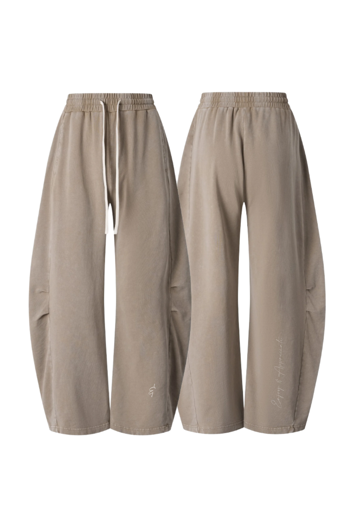A pair of wide-leg, balloon-style pants in a light taupe-beige color, shown from both the front and back views against a plain white background.