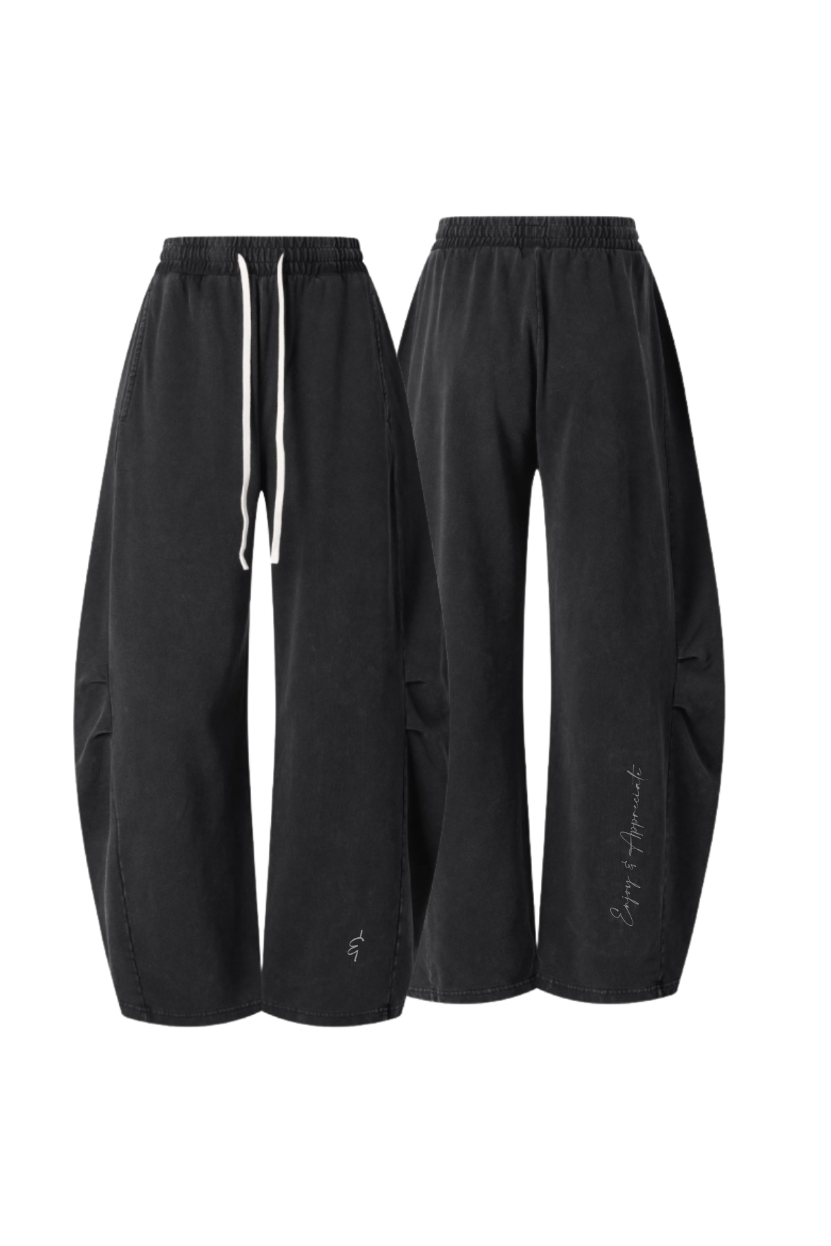 A pair of black wide-leg sweatpants shown from the front and back against a plain white background. The front view shows a white drawstring, and the back view shows a small white script logo near the lower left leg.