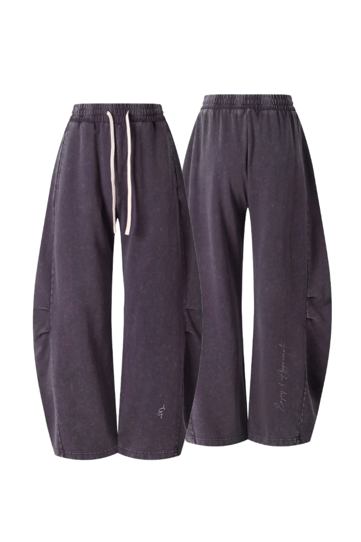 A pair of wide-leg jogger pants in a washed dark gray or charcoal color, shown from both the front and back. The front view features a white drawstring, and the back view shows a small white script logo near the lower left leg.