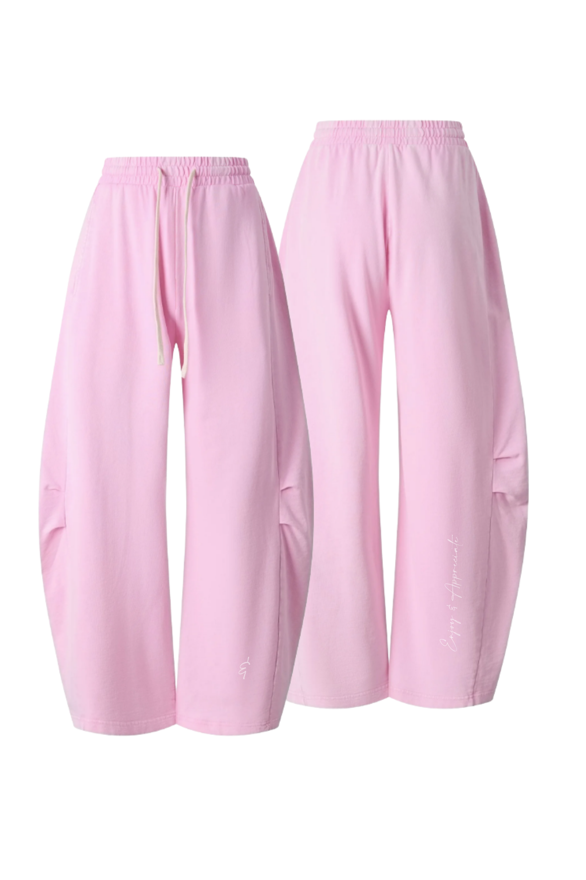 A pair of light pink wide-leg pants shown from both the front and back views against a plain white background.