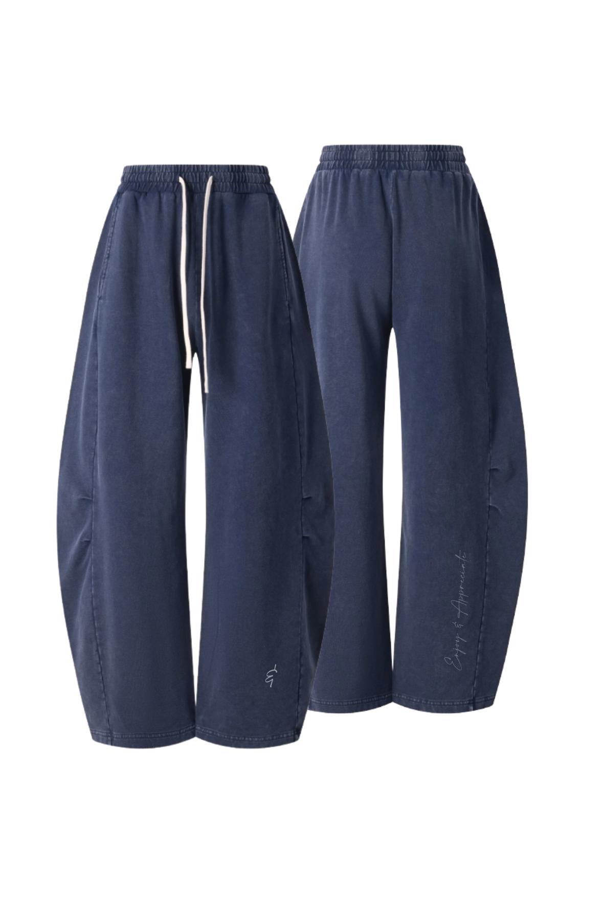 A pair of navy blue wide-leg pants shown from two angles (front and back) against a plain white background. The front view shows an elastic waistband with white drawstrings, and the back view shows a small white script logo near the lower left leg.