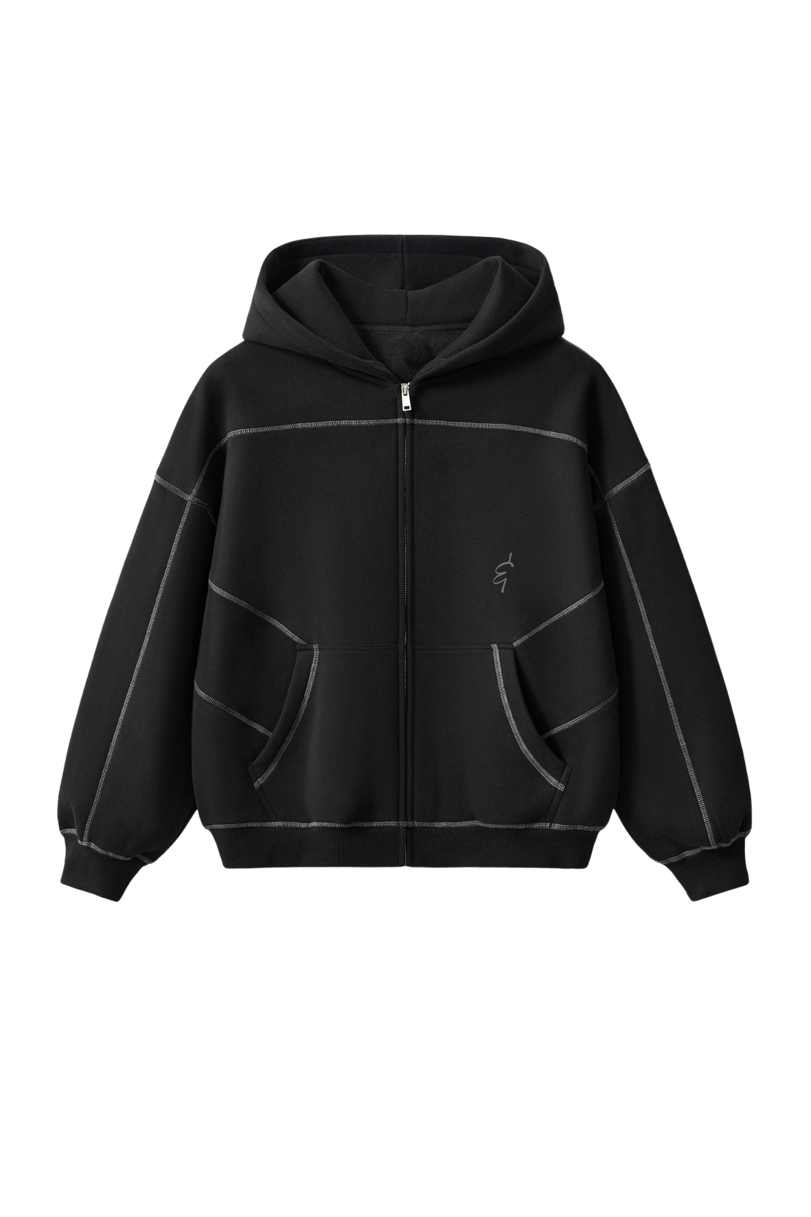 A black zip-up hoodie with contrasting light gray stitched panel lines and a small white embroidered logo on the left chest, displayed against a solid white background.