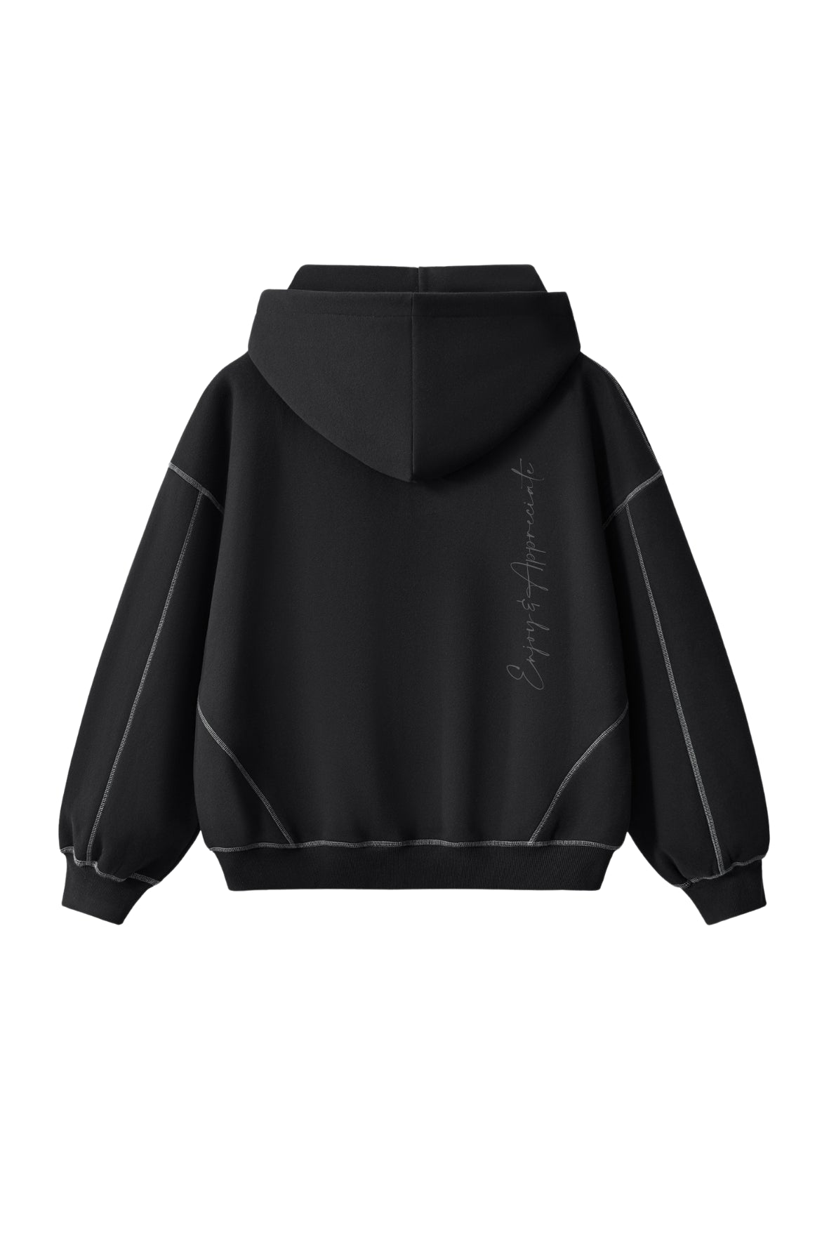 A black pullover hoodie shown from the back, featuring a subtle vertical script graphic on the right side and thin light gray piping details along the shoulders and sides, set against a plain white background.