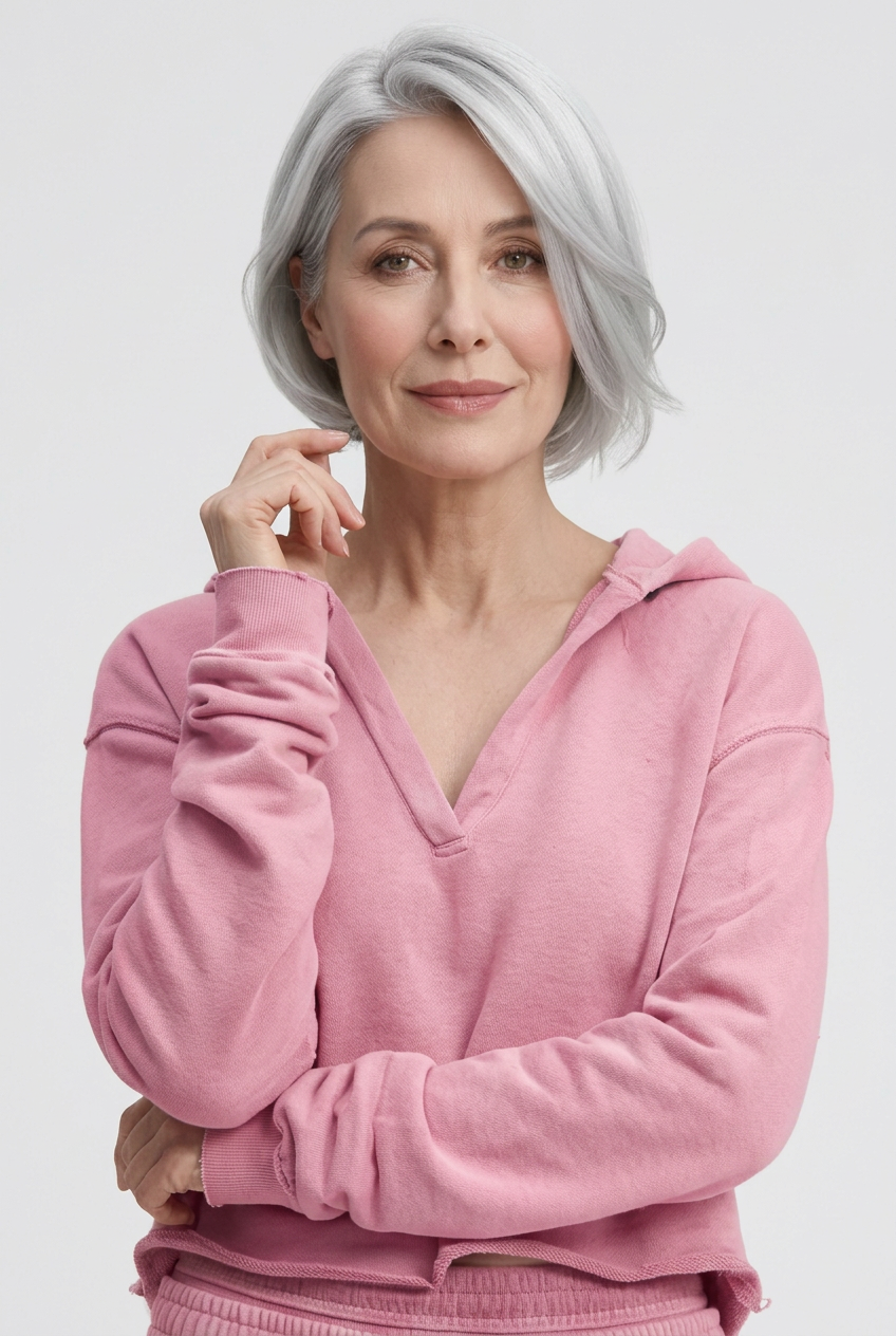 A woman with silver-gray hair wearing a matching pink lounge set consisting of a long-sleeve V-neck hoodie and wide-leg sweatpants, paired with white sneakers, against a light gray studio background.
