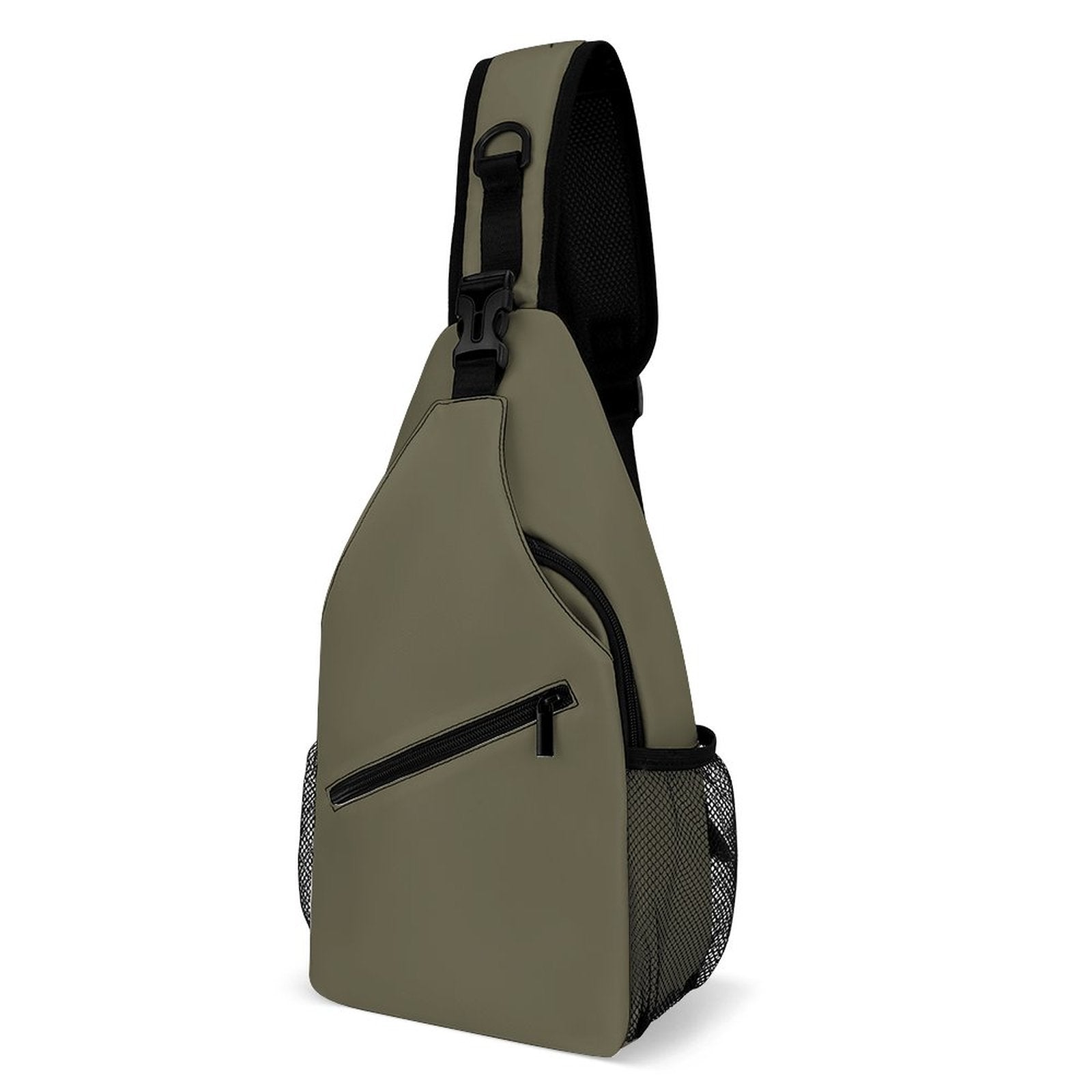 An olive green sling backpack with black mesh side pockets and a black adjustable shoulder strap, shown on a plain white background.