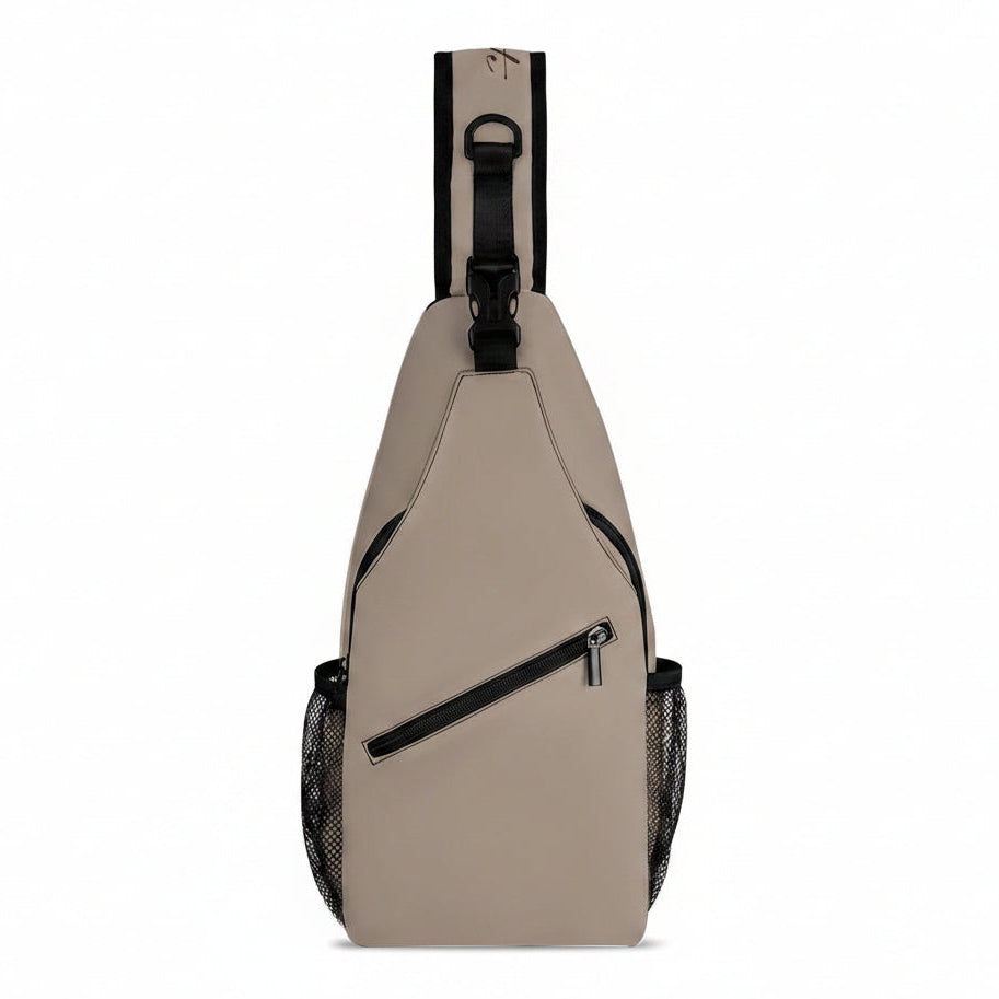A beige sling backpack with black accents, including a black shoulder strap, zipper, and side mesh pockets, shown against a plain white background.
