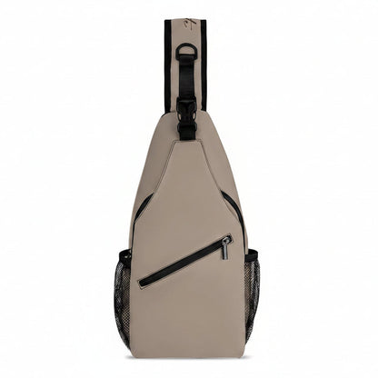 A beige sling backpack with black accents, including a black shoulder strap, zipper, and side mesh pockets, shown against a plain white background.