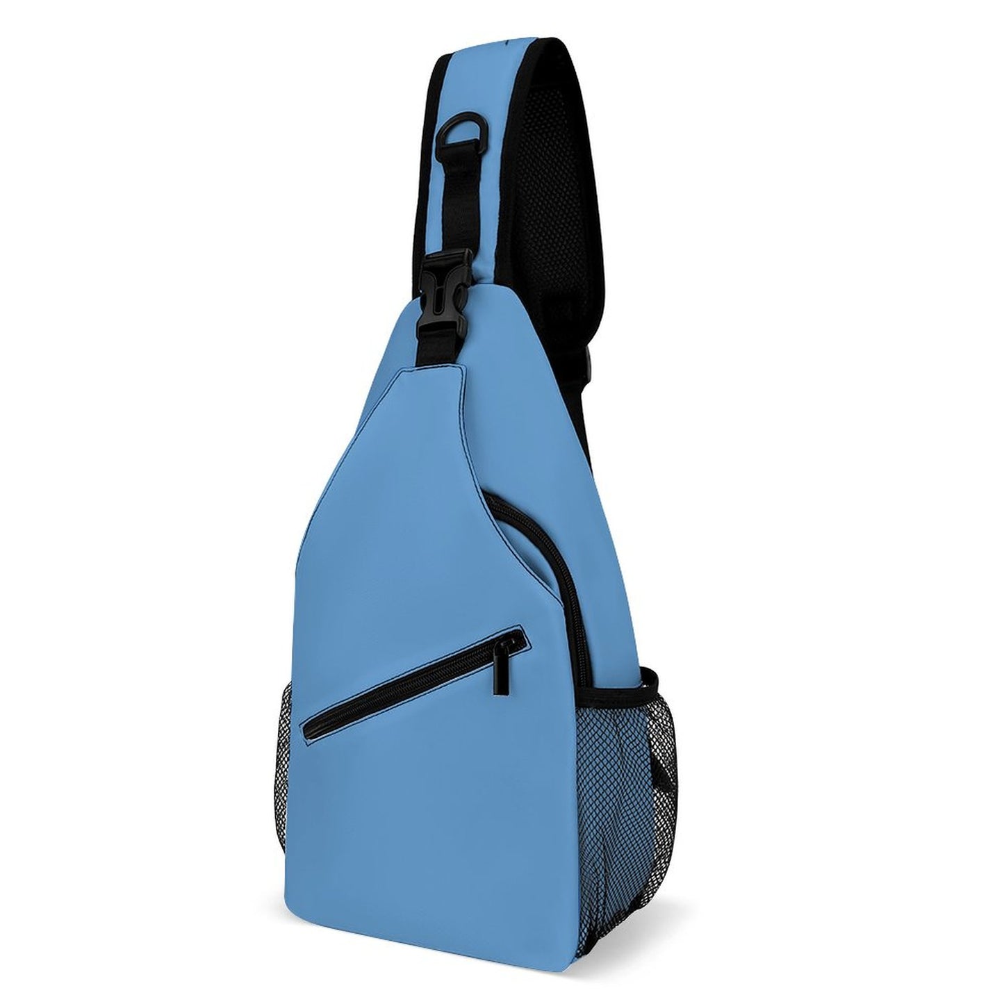A light blue sling backpack with black mesh side pockets and a black adjustable shoulder strap, shown on a solid white background.