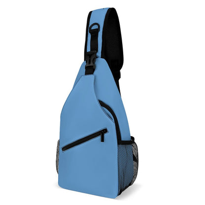 A light blue sling backpack with black mesh side pockets and a black adjustable shoulder strap, shown on a solid white background.