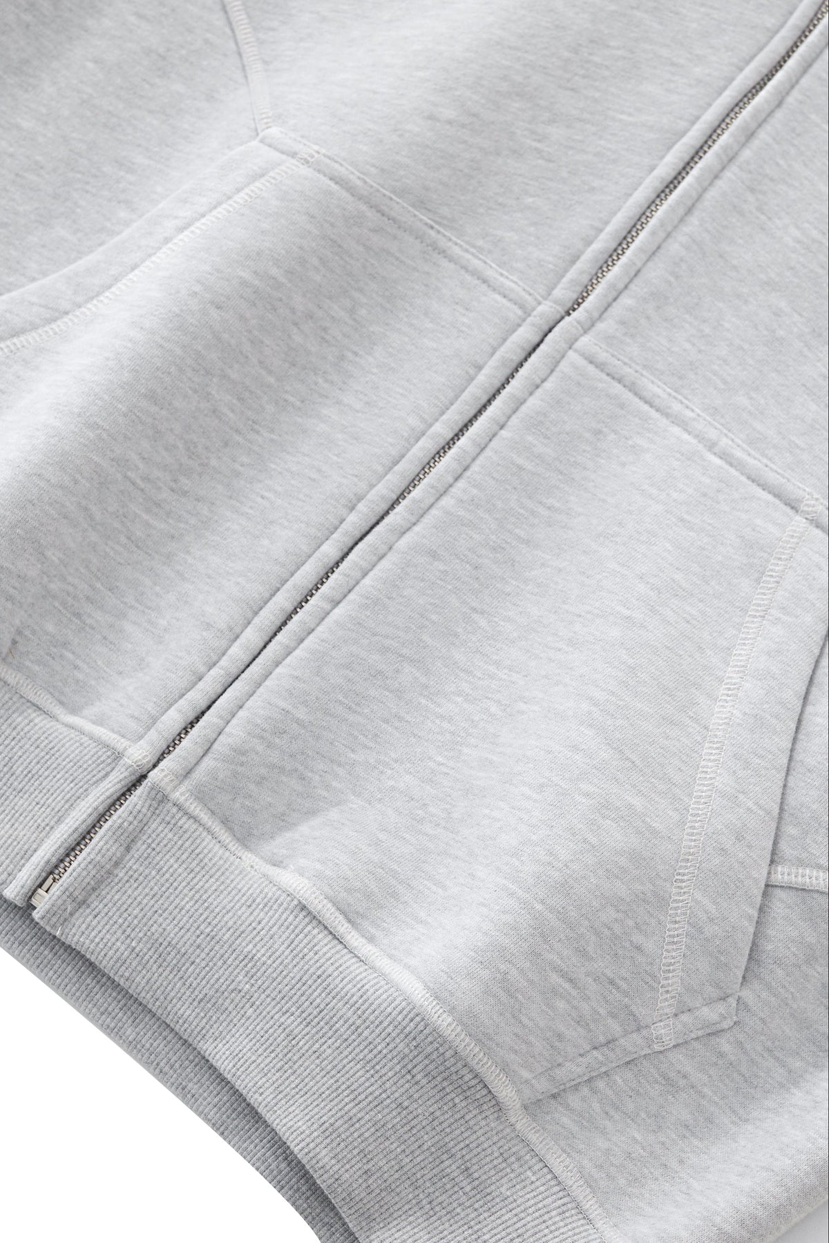 Close-up of a gray hoodie with a zipper