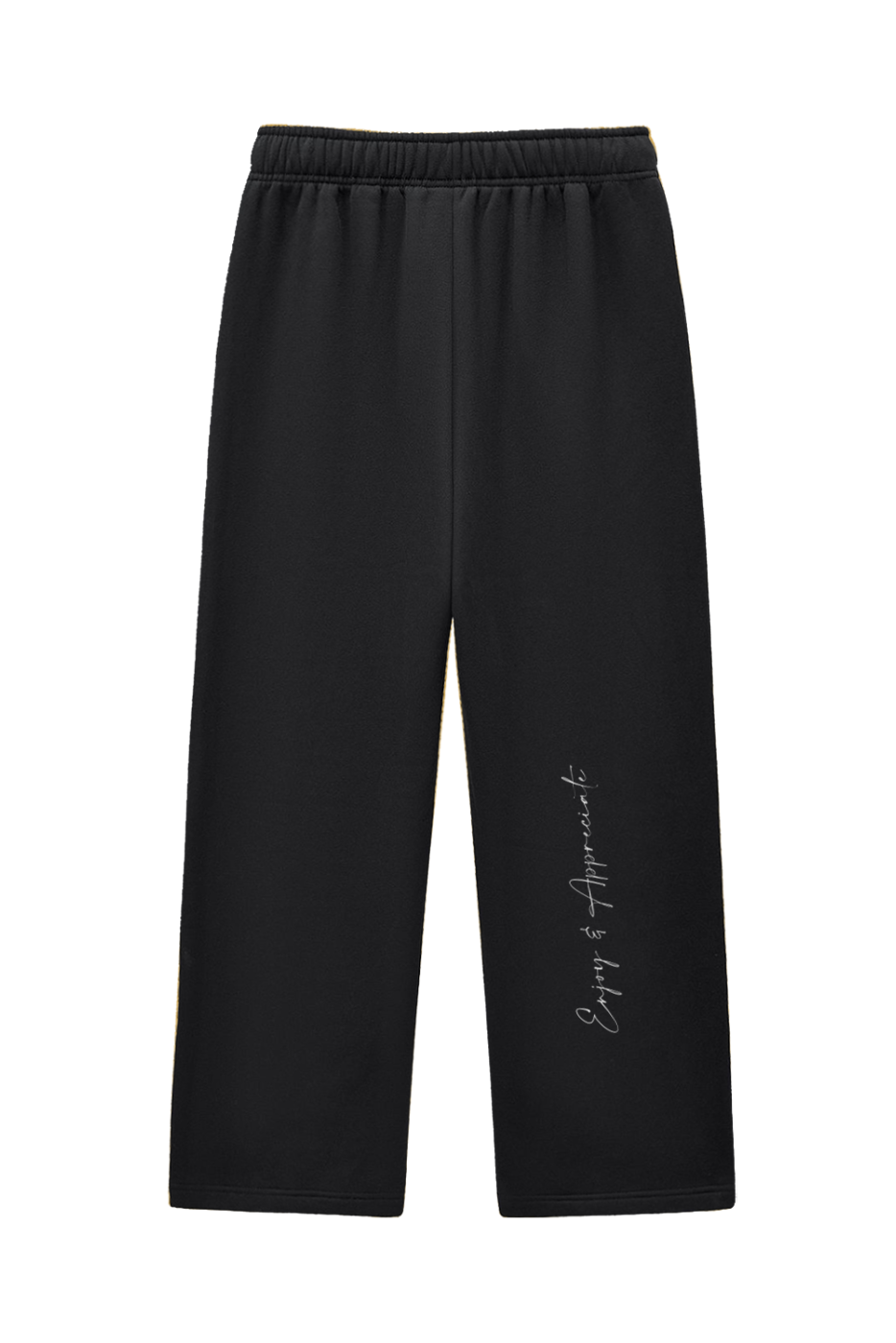 Black fleece sweatpants with wide legs and contrast stitching featuring subtle embroidered phrase on the left leg