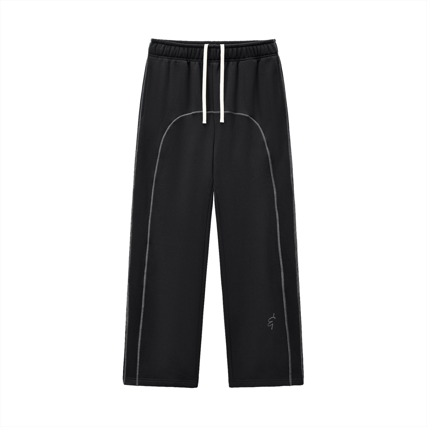 Black fleece sweatpants with white drawstrings and subtle gray contrast stitching featuring a wide-leg design