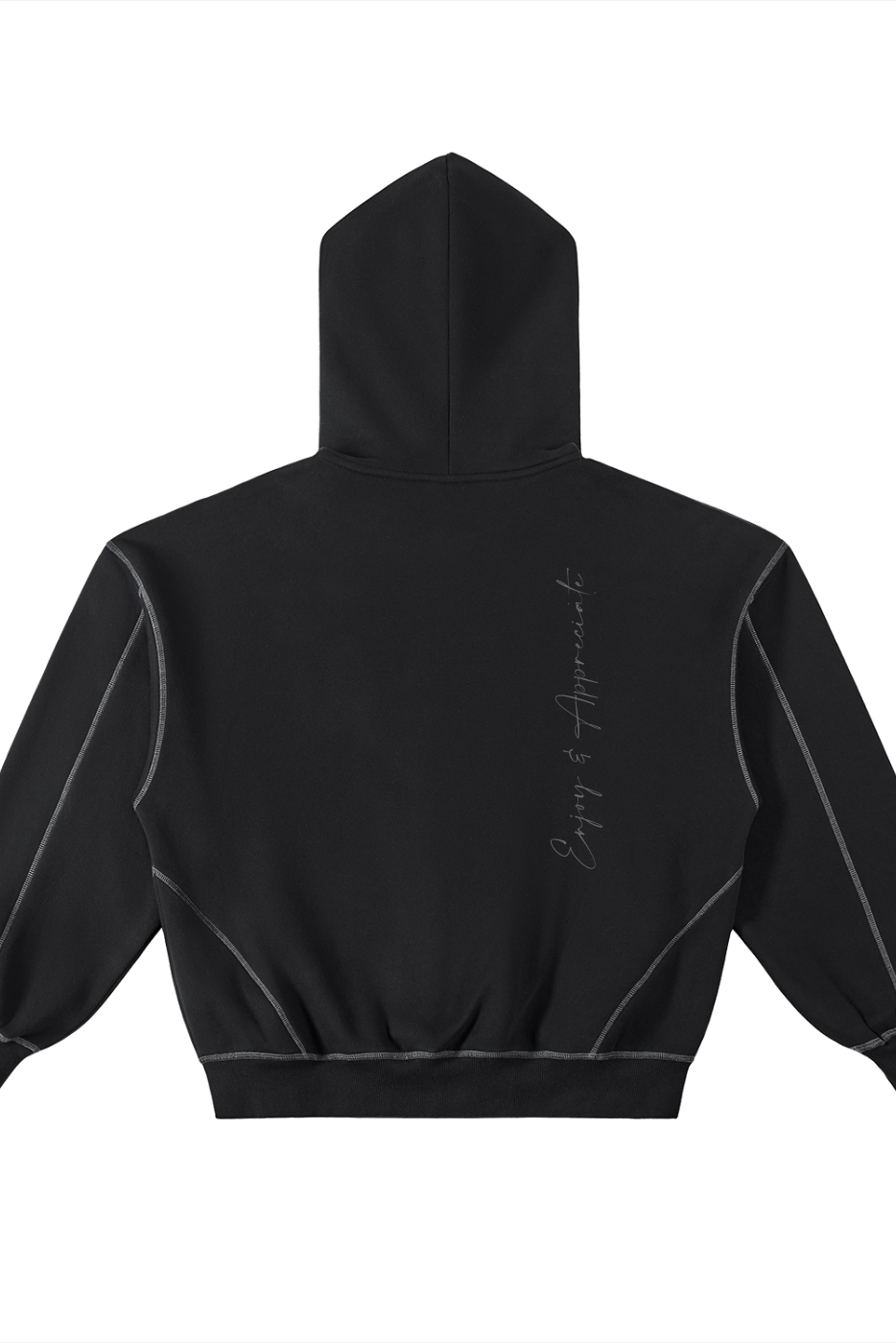 Back view of black fleece zip hoodie with Enjoy & Appreciate affirmation script and contrast grey stitching, mindful activewear with intention