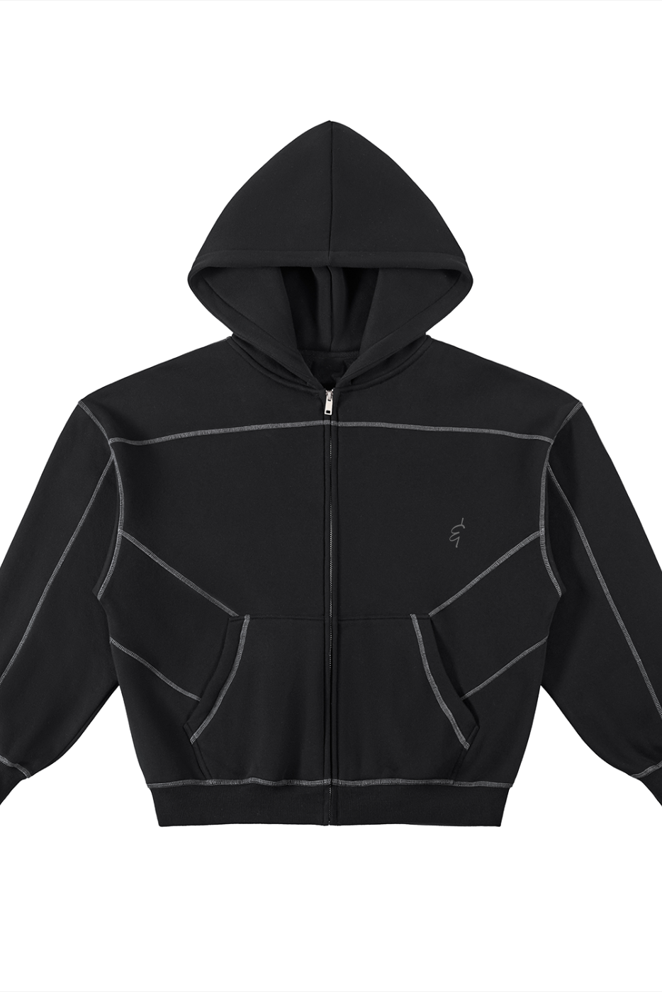 Black contrast-stitched fleece zip hoodie laid flat, oversized fit with geometric seam detailing and Enjoy & Appreciate logo, mindful unisex activewear
