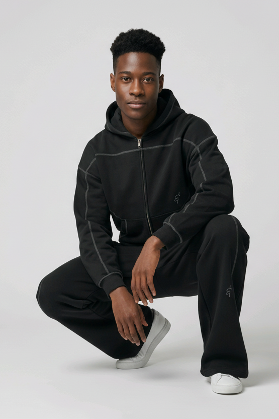 Man crouching in black contrast-stitched fleece hoodie and jogger sweatpants, relaxed unisex mindful activewear made for moving with meaning