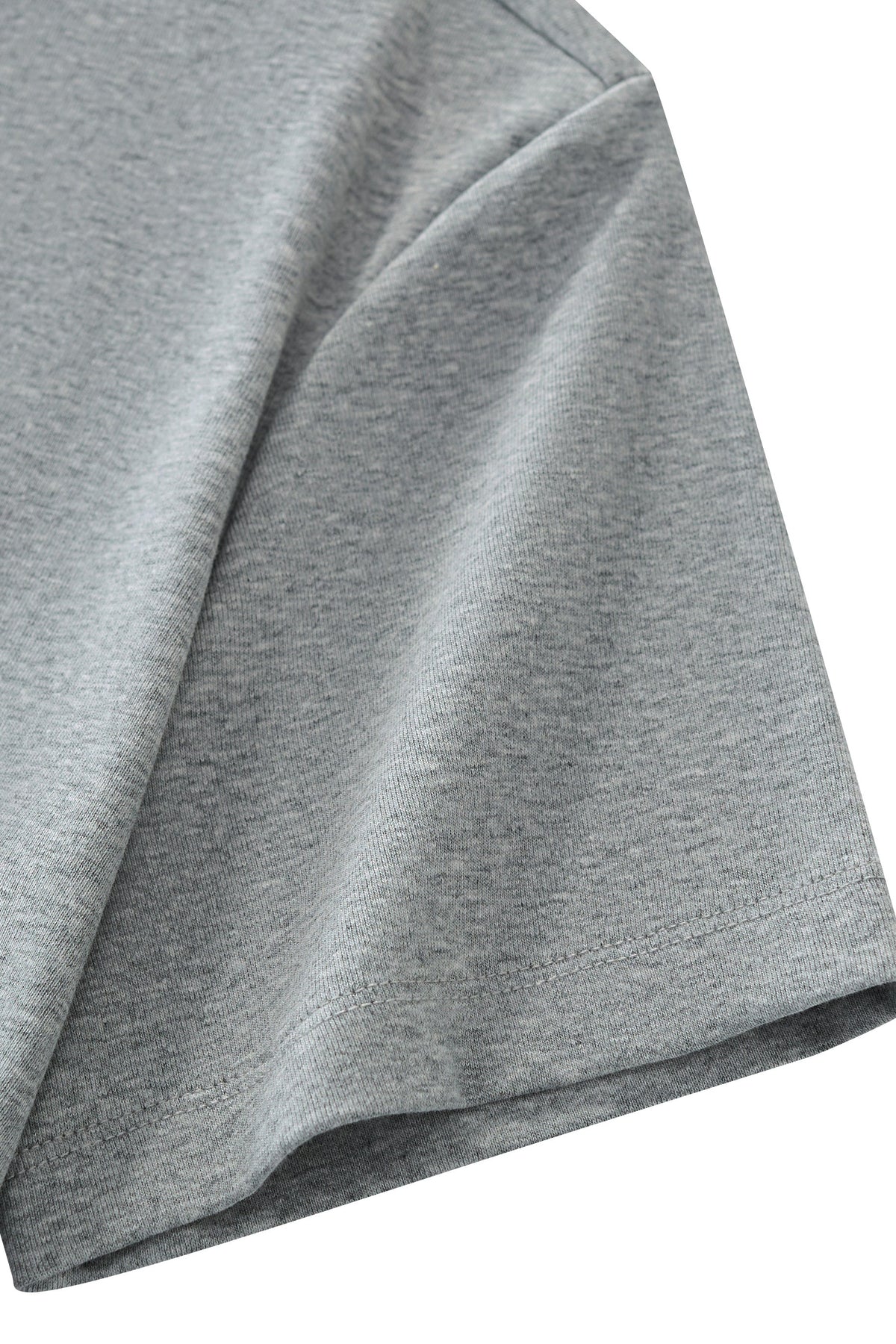 Close-up of a heather gray short-sleeve t-shirt showing the fabric texture and sleeve construction against a white background.