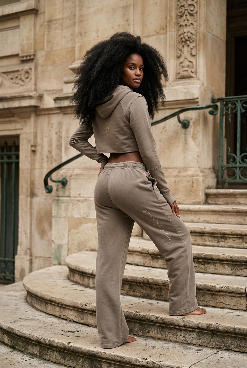 A model wears a beige cropped raw edge hoodie and matching sweatpants with subtle embroidered side details
