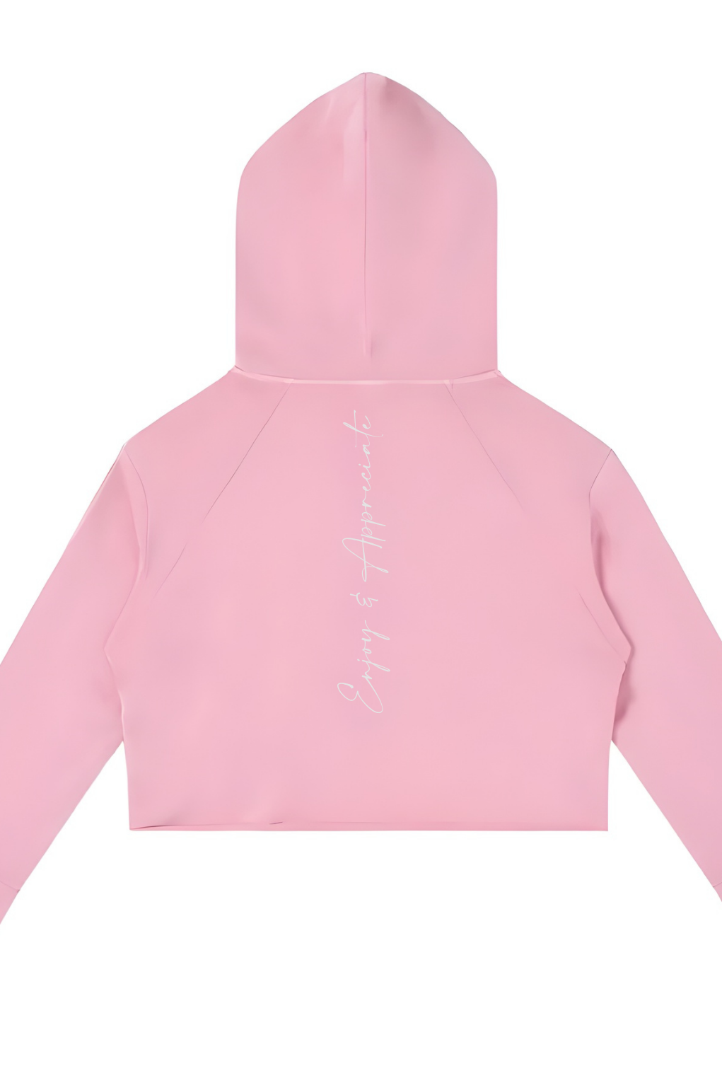 Pink hoodie with a brand logo on the back against a white background