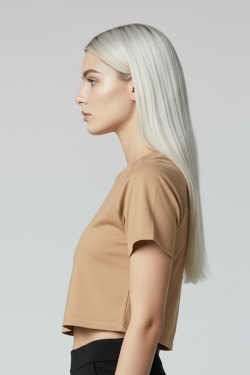 Woman wearing a camel top and black leggings on a white background